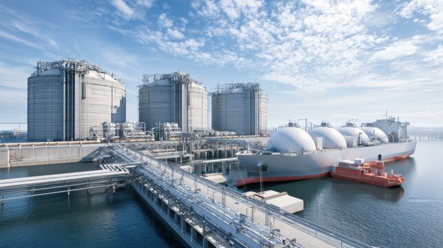 Modern Liquefied Natural Gas Export Terminal with Large Storage Tanks and Ship at Port