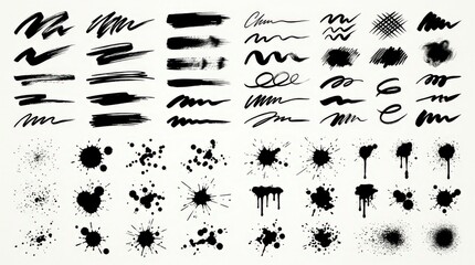 Fototapeta premium Ink Splatter and Brush Stroke Collection: A comprehensive assortment of black ink splatters, drips, and energetic brush strokes, offering diverse textures for creative design projects.