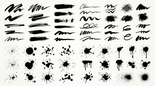 Ink Splatter and Brush Stroke Collection: A comprehensive assortment of black ink splatters, drips, and energetic brush strokes, offering diverse textures for creative design projects.