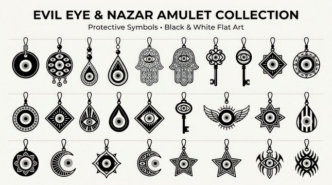 Collection of Protective Symbols: A curated assortment of evil eye and nazar amulets, featuring diverse designs like hamsas, keys, and celestial motifs.
