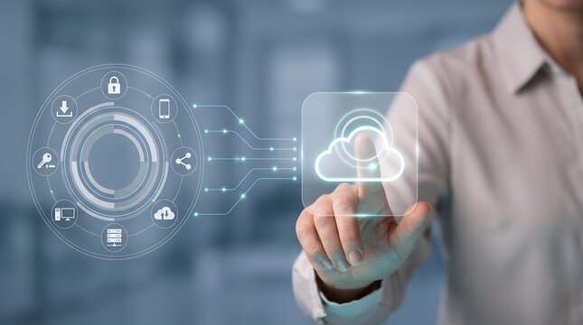 Secure cloud storage interface with person touching digital screen symbolizing global data synchronization and network connectivity solutions