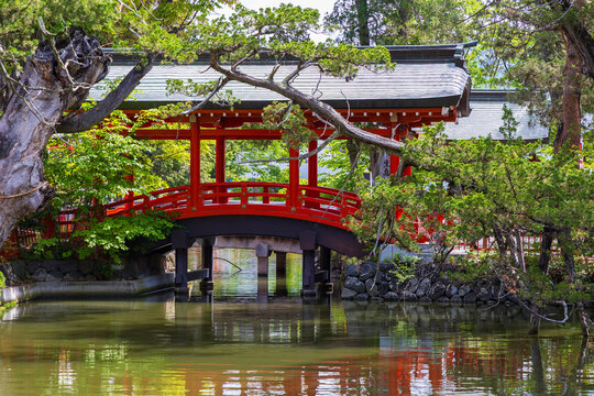 日本の風景・初夏　長野県上田市　新緑の生島足島神社　神橋