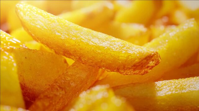 Close-up of crispy french fries with golden bubbles on the surface.