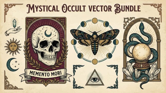 Mystical Occult Vector Bundle: A collection of intricately designed vector illustrations featuring a skull with crescent moon, a death's-head hawkmoth surrounded by celestial phases.