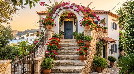 Fototapeta premium A charming stone staircase adorned with vibrant red geraniums leading to a Mediterranean archway