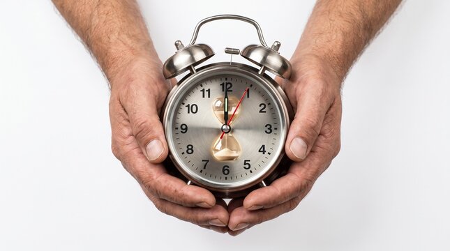 Hands holding a classic alarm clock with hands nearing the hour, symbolizing the passage of time and the urgency of deadlines. The metallic surface of the clock reflects light.