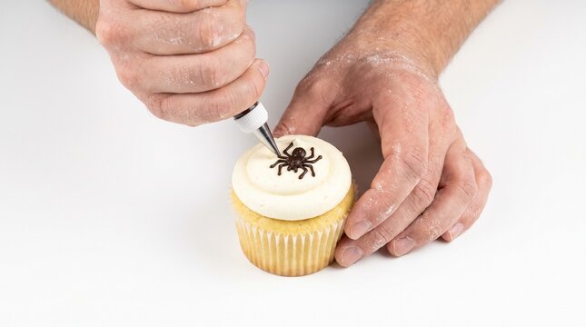Decorating a vanilla cupcake with cream cheese frosting and a chocolate spider decoration. The cupcake is being decorated with a piping bag and a decorating tip.