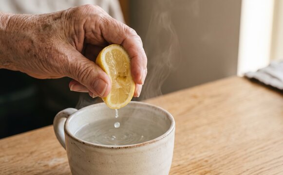 Elderly woman squeezing fresh lemon into a cup of hot water for a healthy morning routine