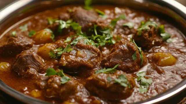 Mouthwatering beef curry cooked in a rich sauce and garnished with fresh herbs.