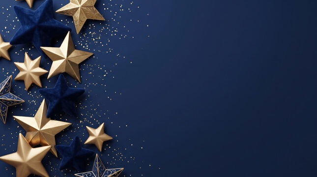 Elegant Christmas background with gold and navy blue stars and sparkling glitter confetti