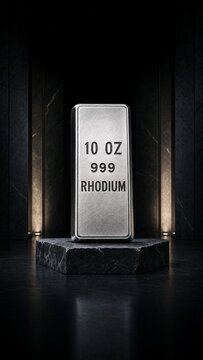 10 Oz Rhodium Bullion Bar Displayed on Stone Pedestal, Museum-Style Lighting