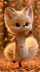 Naklejka premium A fox character with expressive eyes dances joyfully in a swirl of colorful leaves during autumn in a forest.