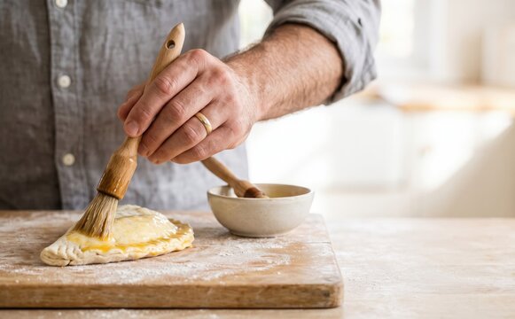 Adult man brushing egg wash onto a handmade pastry calzone on a wooden board in a bright kitchen