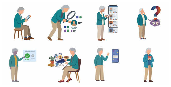Elderly woman interacting with digital devices, social media platforms, and online communication flat vector character set
