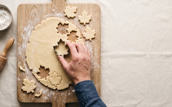 Man cutting autumn leaf shaped cookies from dough on a wooden board for seasonal baking