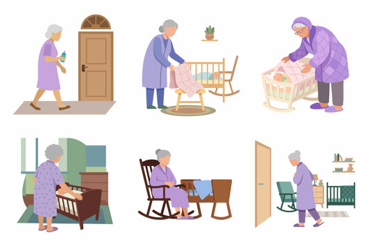 Grandmother caring for a baby in nursery vector illustration set. Elderly woman babysitting, tucking in a newborn, and sitting by a crib at home.