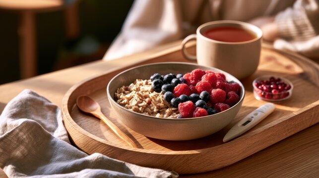 A breakfast tray features oats, mixed berries, herbal tea, and a pregnancy test in a warm Scandinavian kitchen with soft daylight