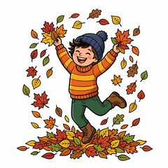 Cute happy boy jumping and playing in falling autumn leaves cartoon vector illustration