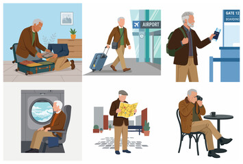 Fototapeta premium Active senior man character traveling set, flat vector illustration of elderly tourist packing suitcase, boarding plane, and exploring city on vacation.