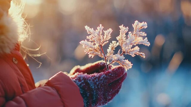 Cold winter scene with frosty leaves held by a gloved hand.