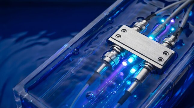 Optical transceiver module submerged in dielectric cooling fluid bath with glowing LEDs