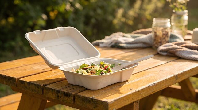 Compostable sugarcane clamshell food container with salad on picnic table