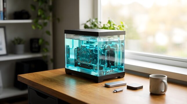 Compact desktop immersion cooling PC tank with glowing turquoise liquid on wooden desk