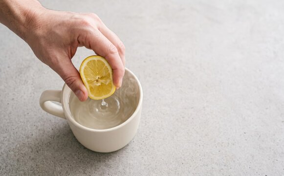 Woman squeezing fresh lemon into a cup of warm water for a healthy morning routine detox drink