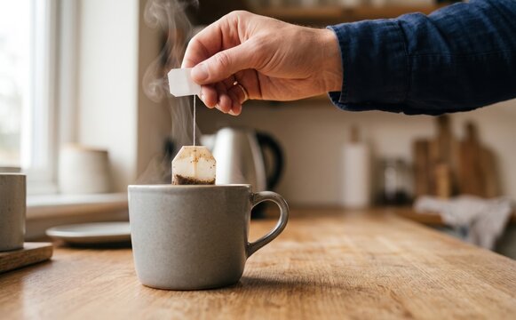 Man preparing hot tea with teabag in a ceramic mug on a wooden kitchen counter