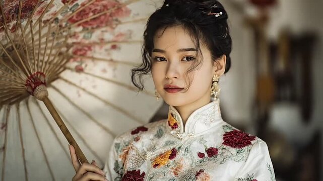 Asian woman in traditional dress holding paper parasol.