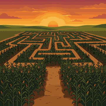 Sunset view over a corn maze with winding paths and clear sky in the background