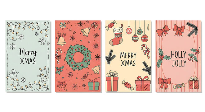 Set of Christmas cards with festive illustrations for a holiday greeting including winter ornaments and handdrawn doodles in a vintage style