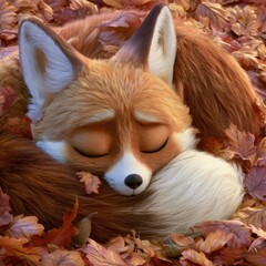 Naklejka premium A fox character curls up in leaves for a nap inside a forest during autumn. The scene features orange, yellow, and red tones.
