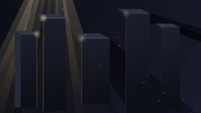 Dark luxury podium pillars with gold lighting and glowing dust particles