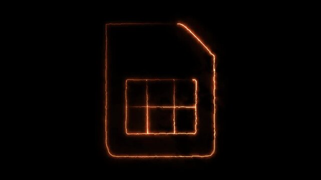 Glowing Orange Neon SIM Card Icon Animation Loop - Mobile Network Chip and Cellular Connectivity Symbol for Telecommunication Motion Graphics Video on Black Background