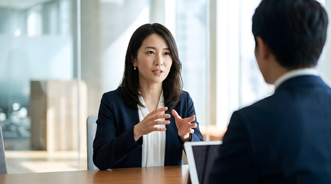 Confident Japanese Businesswoman Explaining Ideas During a Meeting in a Modern Corporate Office Setting