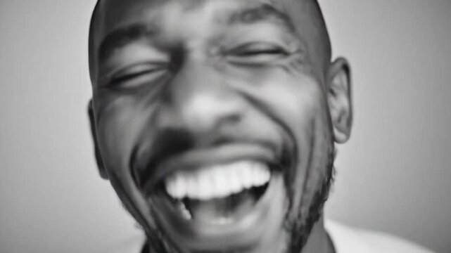 Happy man laughing heartily in black and white portrait.