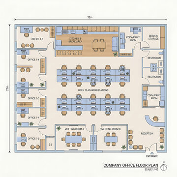 Detailed professional office floorplan showing a modern corporate architecture layout for business workspace organization and interior design