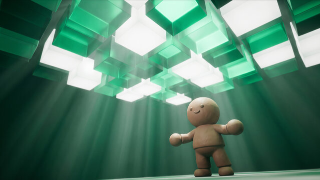 エメラルドグリーンと白の光が照らすXR空間のキューブの下で、リラックスして立つクレイ調キャラクターの3D画像