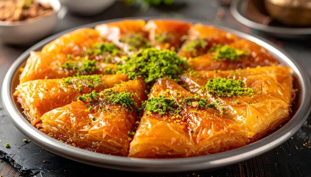 Large round tray of golden baked baklava dessert sprinkled with green pistachios.