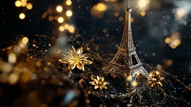A nighttime featuring the iconic Eiffel Tower in Paris, France, bathed in a soft glow of bokeh lights. The tower is silhouetted against a dark sky, creating a dreamy and romantic atmosphere.