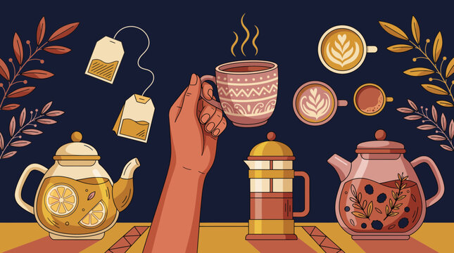 Flat cozy beverage vector illustration showcasing teapots, coffee cups and tea bags, symbolizing warm comfort and morning routine