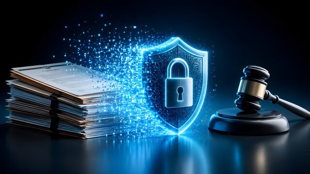Digital security shield protecting legal contracts, symbolizing data privacy, cyber law, and justice for confidential information in an evolving technological world.