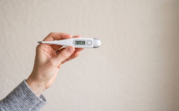 Hand holding digital thermometer showing normal body temperature for health and medical concepts