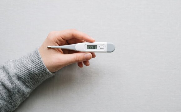 Person holding digital thermometer showing normal body temperature for healthcare and medical concepts
