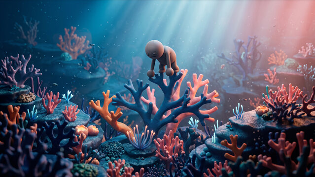 海洋ブルーとピンクの光が照らすフラクタルサンゴの頂上で、重圧に耐え丸まるクレイ調キャラクターの3D画像