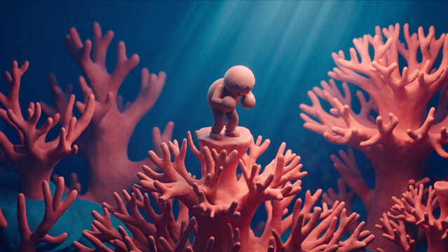海洋ブルーとピンクの光が照らすフラクタルサンゴの頂上で、重圧に耐え丸まるクレイ調キャラクターの3D画像
