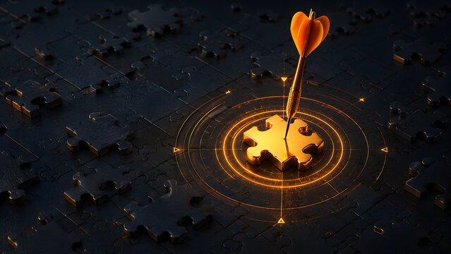Golden dart precisely hitting the illuminated puzzle piece, symbolizing successful strategy, problem-solving, achieving business goals, and finding the ultimate solution.