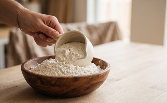 Woman pouring flour from a measuring cup into a wooden bowl on a table for baking preparation