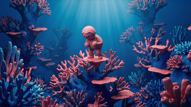 海洋ブルーとピンクの光が照らすフラクタルサンゴの頂上で、重圧に耐え丸まるクレイ調キャラクターの3D画像